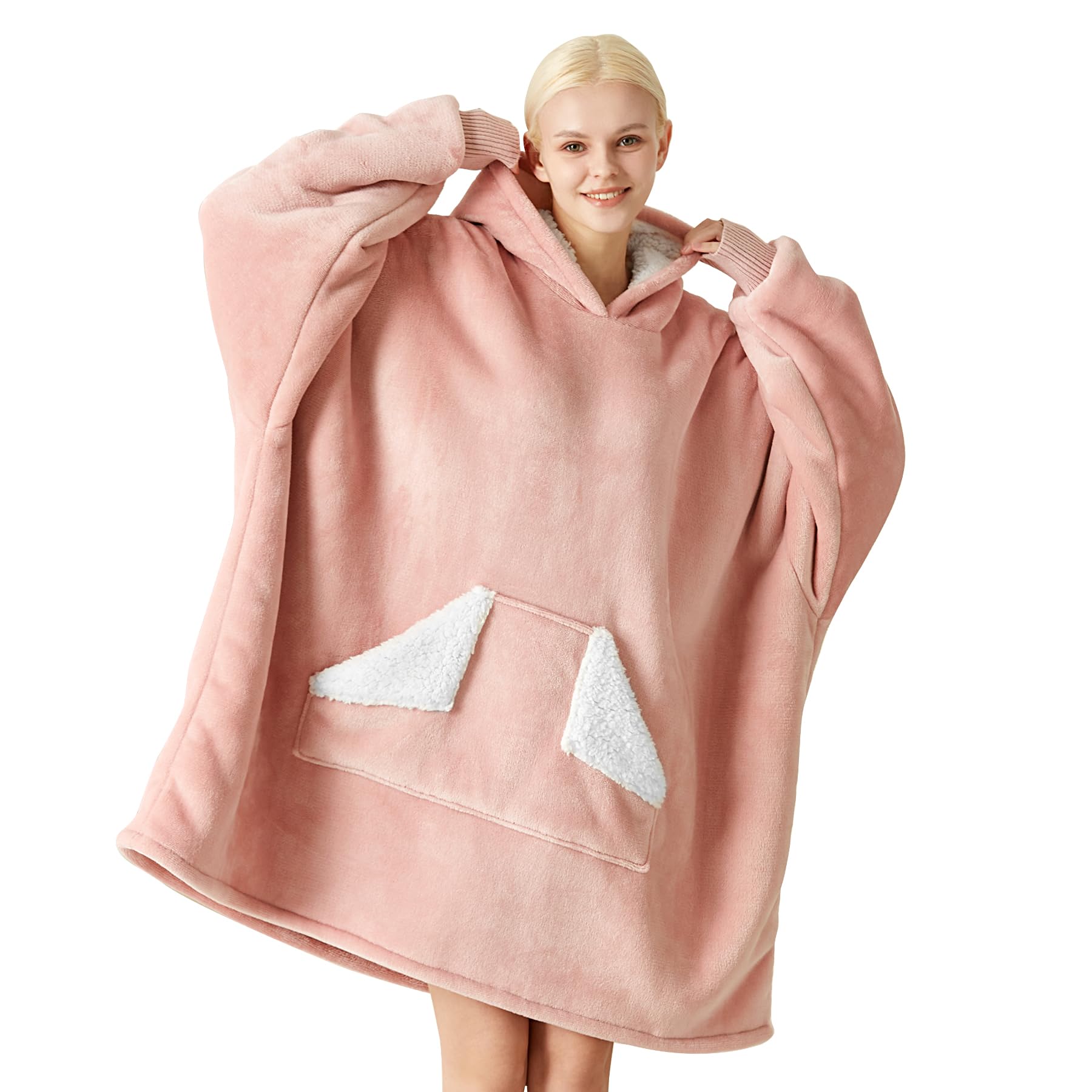 Touchat Wearable Blanket Hoodie, Oversized Sherpa Blanket Sweatshirt with Hood Pocket and Sleeves, Super Soft Warm Plush Hooded Blanket for Adult Women Men, One Size Fits All (Pink)