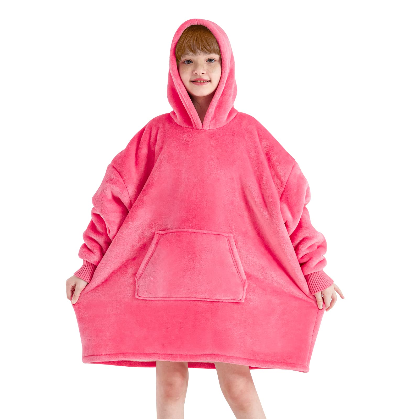Touchat Wearable Blanket Hoodie, Oversized Sherpa Blanket Sweatshirt with Hood Pocket and Sleeves, Super Soft Warm Plush Hooded Blanket for Kids and Girls, One Size Fits All (Pink)