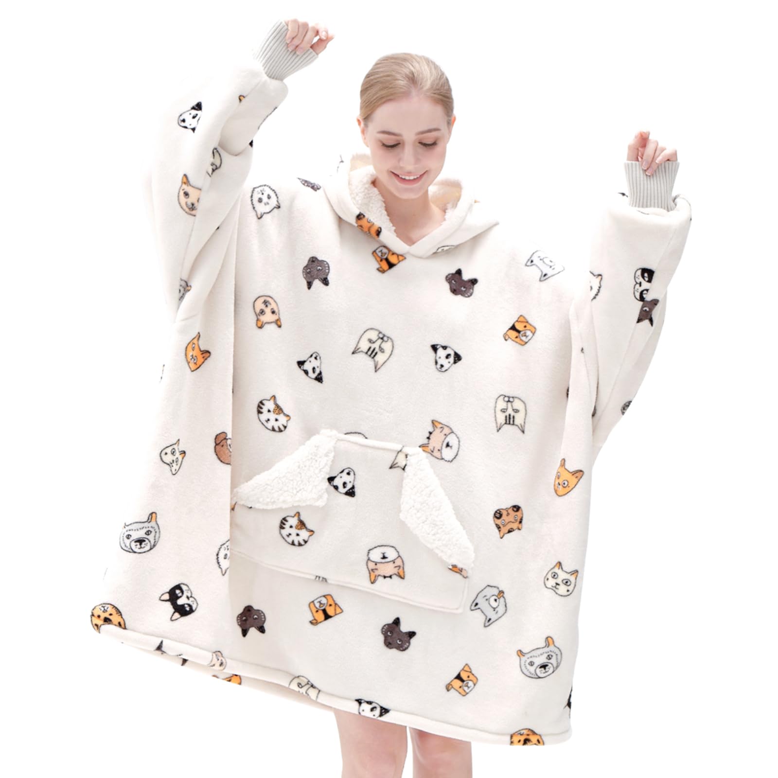 Touchat Wearable Blanket Hoodie, Oversized Sherpa Blanket Sweatshirt for Women with Hood Pocket and Sleeves, Super Soft Warm Plush Hooded Blanket for Adult One Size Fits All (Animal)