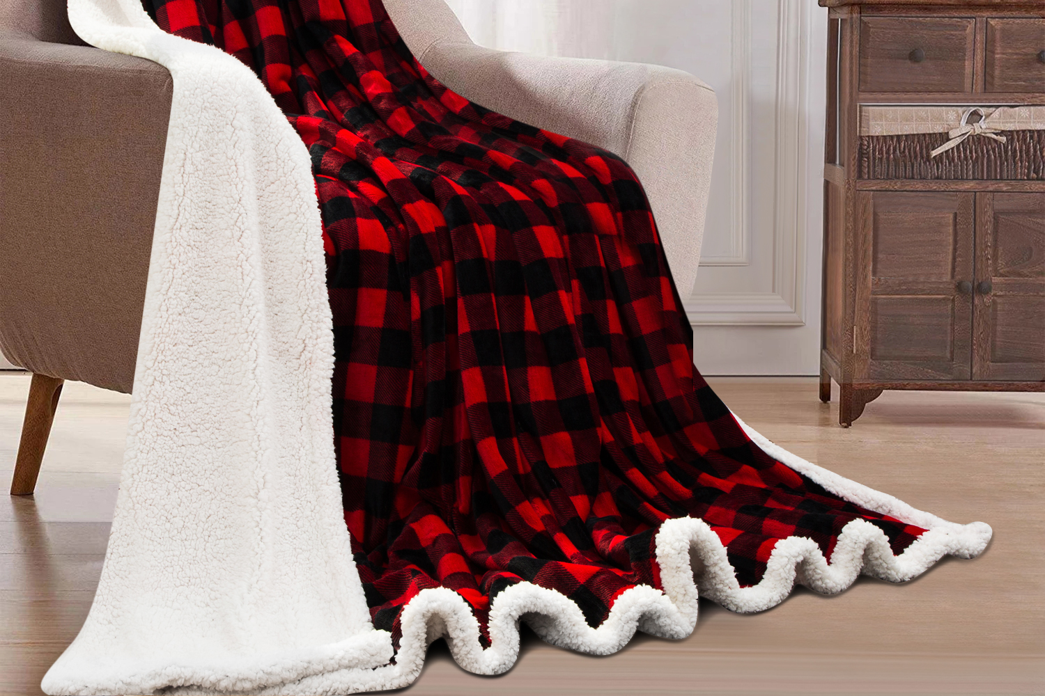 Touchat Sherpa Red and Black Buffalo Plaid Christmas Throw Blanket, Fuzzy Fluffy Soft Cozy Blanket, Fleece Flannel Plush Microfiber Blanket for Couch Bed Sofa (60